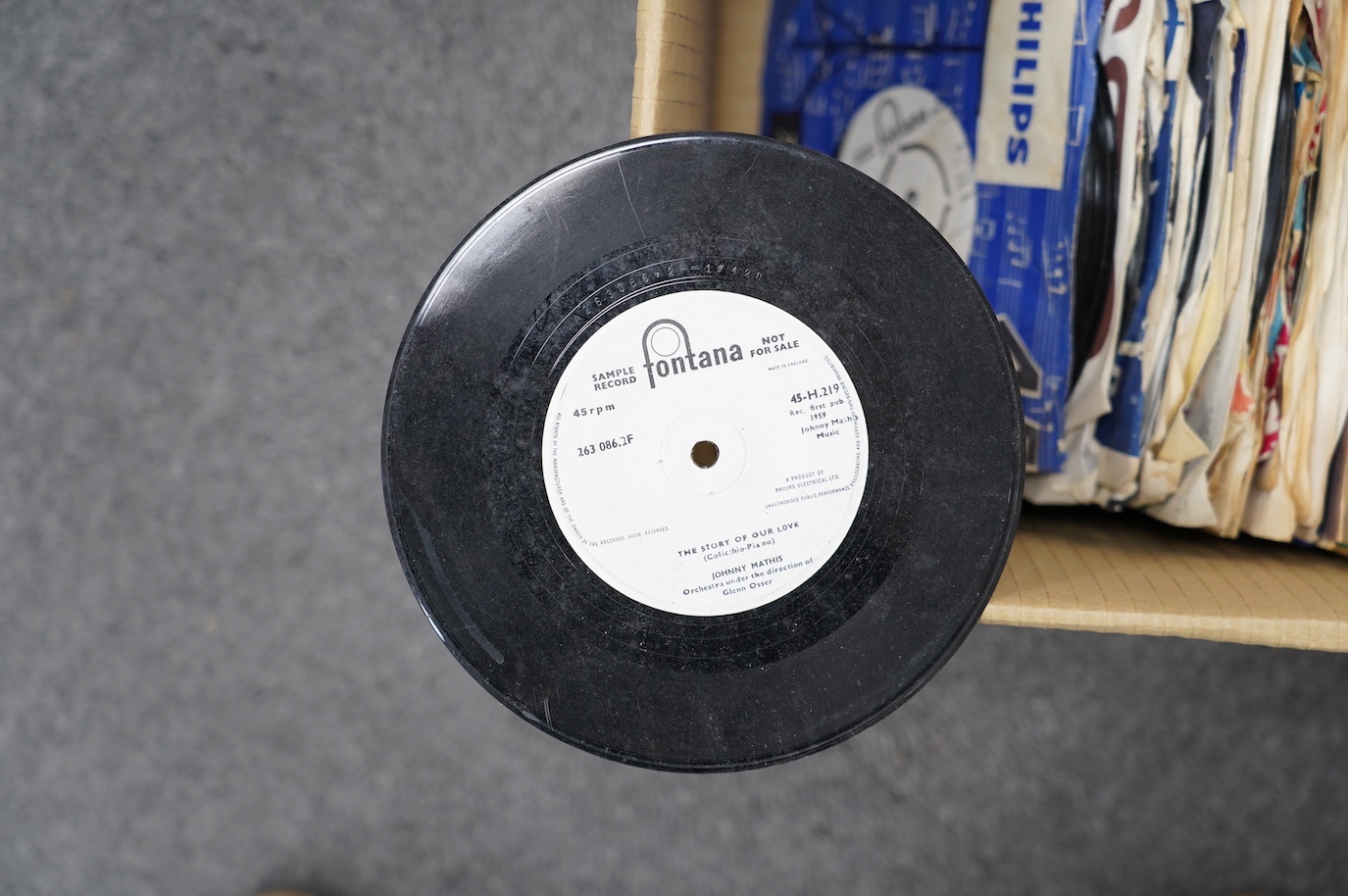 Eighty 7” singles, all with printed demo labels (some also with printed release date), record labels include; Fontana, HMV, CBS, Parlophone, Stateside, Decca, United Artists, Columbia, Chess, etc. Artists include; Johnny